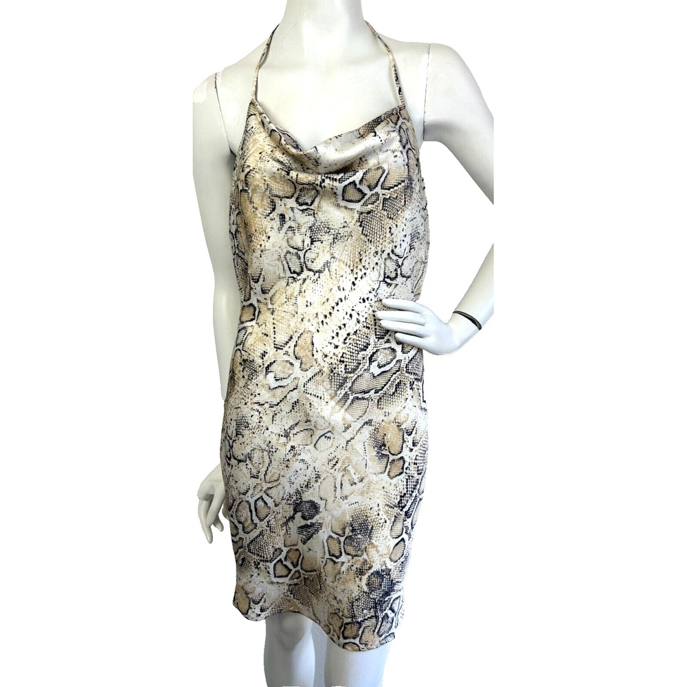 JOA Beige Python Snakeskin Cowl Halter Dress Small Open Back Satin Mini EUC